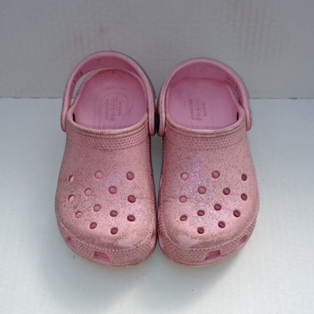 Iconic CROCS CLASSIC Glitter Pink Silver Clogs Kids Toddler Size 12 Beach Water
